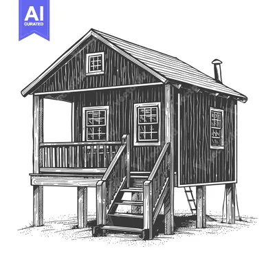 Elevated Wooden Cabin with Porch and Stairs