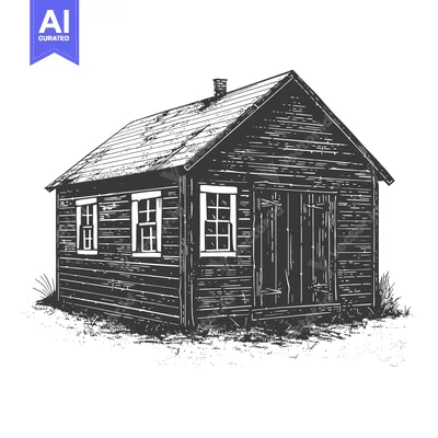 Aset desain premium: Weathered Wooden Cabin with Small Windows and Door