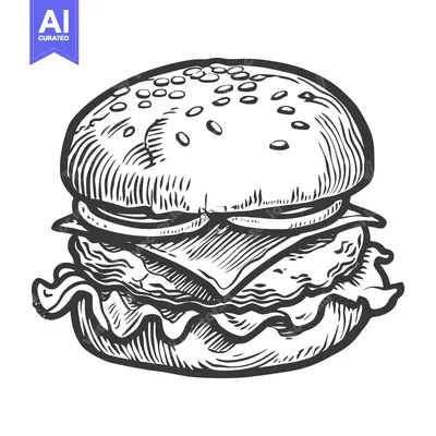 Aset premium populer: A detailed black and white sketch depicts a delicious burger