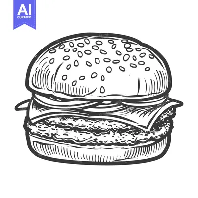 Aset desain premium: A detailed black and white illustration of a delicious hamburger