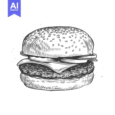 Popular premium asset: A detailed black and white illustration of a hamburger sandwich
