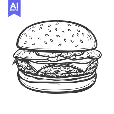 Aset premium populer: A detailed black and white illustration of a delicious hamburger