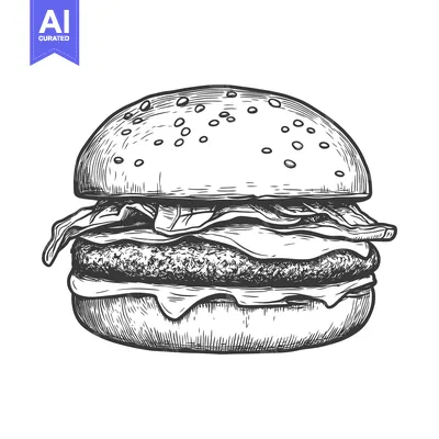 Aset desain premium: A detailed black and white drawing of a delicious hamburger