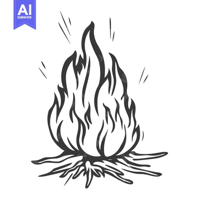 Black and white illustration depicts a burning campfire on white backg