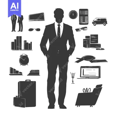 Aset desain premium: Businessman Silhouette Surrounded by Office Supplies