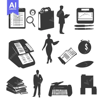 Premium design asset: Business Office Essentials, Black and White Silhouettes