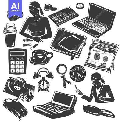 Aset desain premium: Businesswoman Working at Desk with Office Supplies and Money