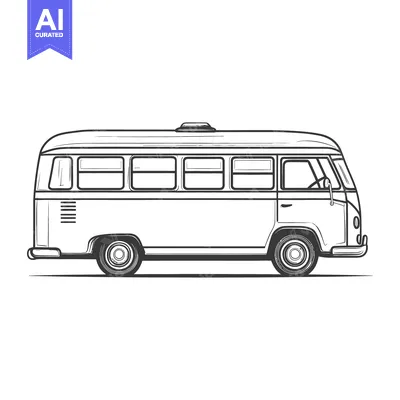 Aset premium populer: A vintage campervan illustration featuring many windows and large tire