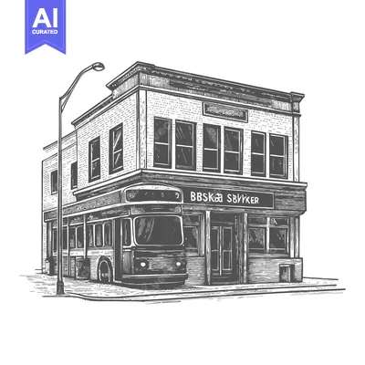 Premium design asset: Vintage Cityscape Featuring a Bus and Building