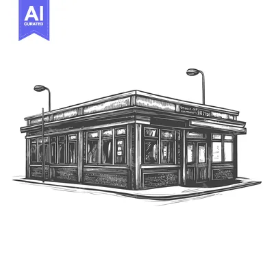 Aset desain premium: A Hand Drawn Illustration Of A Corner Shop Building