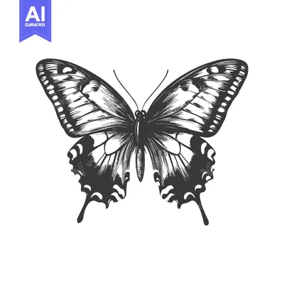 Aset desain premium: A Detailed Black and White Illustration of a Butterfly