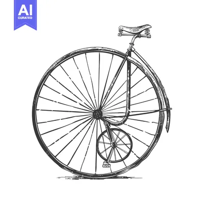Aset desain premium: An artistic sketch depicts a classic bicycle with a large front wheel