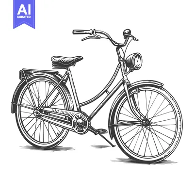 Detailed black and white illustration depicting a vintage bicycle perf