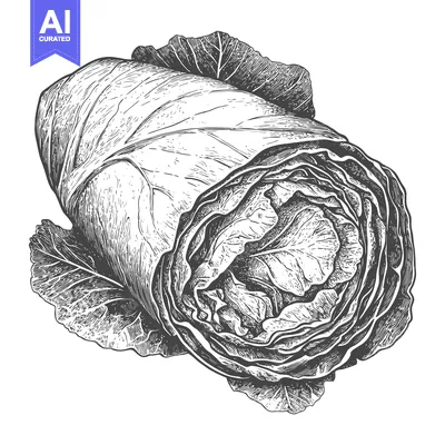 Aset desain premium: Engraved illustration of a rolled cabbage leaf