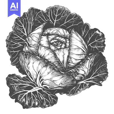 Aset desain premium: Detailed illustration of a savoy cabbage head and leaves