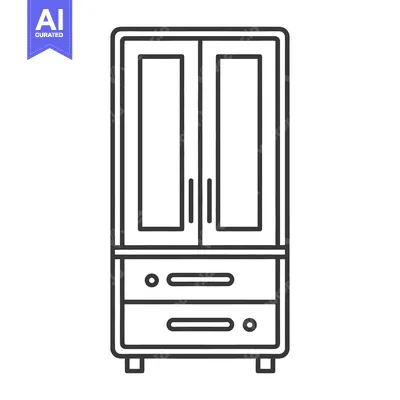 Aset desain premium: A linear graphic illustration of a tall wardrobe cabinet with drawers