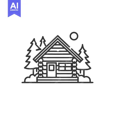 Aset desain premium: Minimalist Log Cabin Icon with Pine Trees and Moon in Black and White
