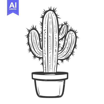 Aset premium populer: A detailed monochrome illustration depicting a potted cactus plant