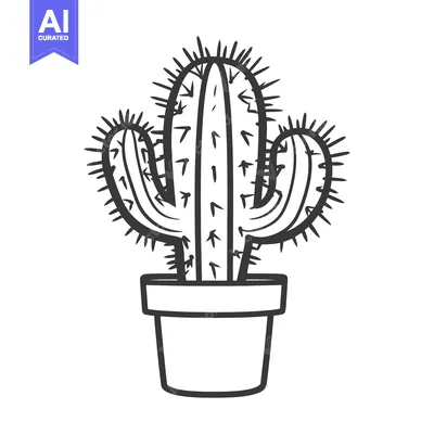 Aset premium populer: A simplistic black and white illustration of a potted cactus