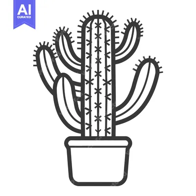 Aset desain premium: A stylized black and white illustration of a potted cactus plant