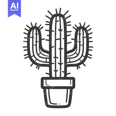 Aset premium populer: A black and white illustration of a potted cactus plant