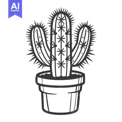 Aset desain premium: Black and white illustration of a potted cactus plant