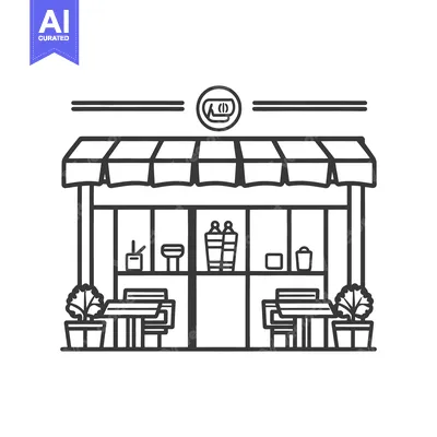 Aset desain premium: A simple vector line drawing of a cafe storefront scene