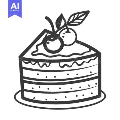 Aset premium populer: A black and white illustration of a slice of cake with cherries
