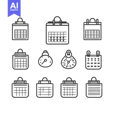 Premium design asset: Collection of various calendar and clock icons presented in black outl