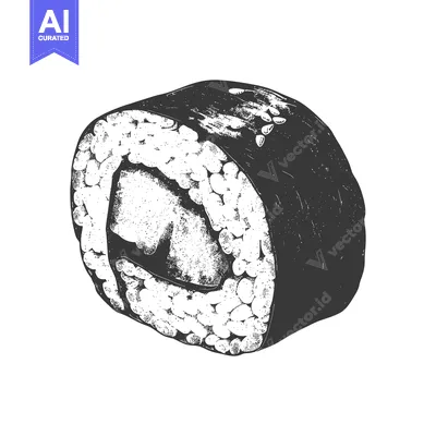 Aset desain premium: A Single Sushi Roll Illustration in Black and White
