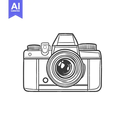 Aset premium populer: An outlined image of a vintage camera in grayscale illustration