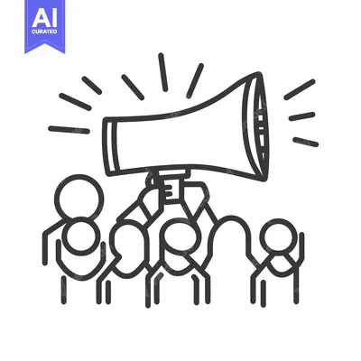 Aset desain premium: A large megaphone broadcasting to a group of people clearly