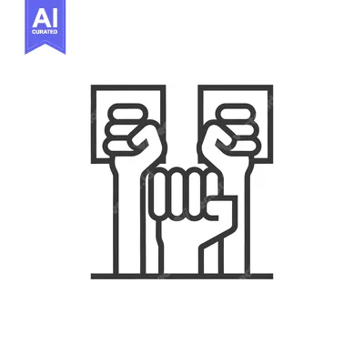 Aset desain premium: Symbolic black and white illustration depicts raised fists and signs