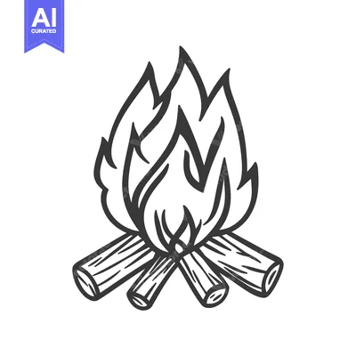 Aset premium populer: A black and white illustration of a campfire burning brightly