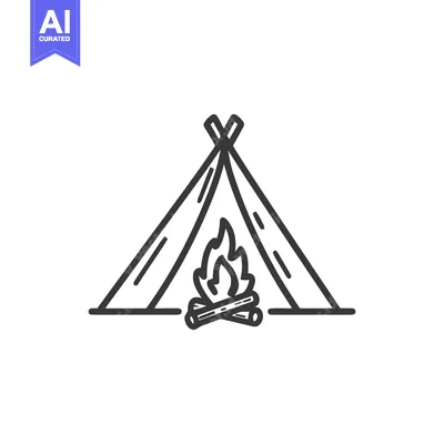Aset desain premium: Minimalist Campfire Icon: Tent and Burning Logs Outline