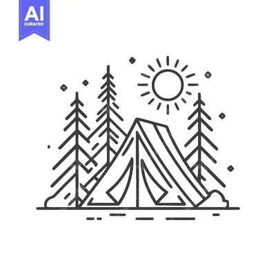Aset desain premium: Minimalist Camping Scene: Tent, Trees, and Sun in Line Art Style