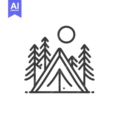 Aset premium populer: Minimalist Camping Icon: Tent, Trees, and Sun in Simple Line Art Style