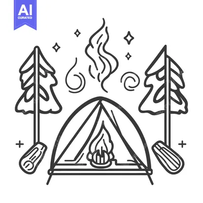 Aset premium populer: A simplistic line drawing of a campfire in the wilderness