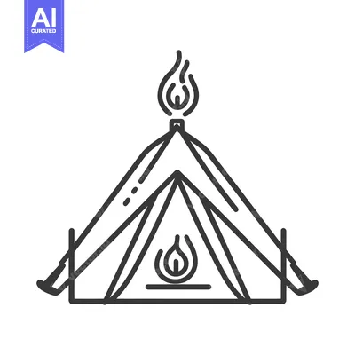 Aset desain premium: A minimalist camping tent with two decorative flames burning brightly