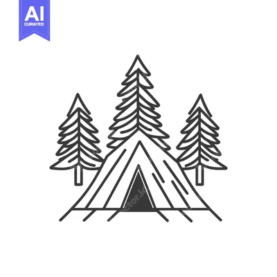 Premium design asset: A simple illustration depicting a campsite with surrounding pine trees