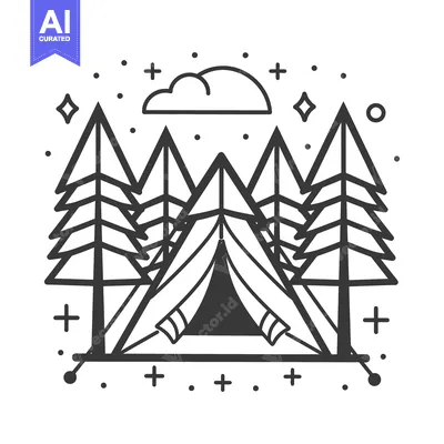 Aset desain premium: An illustrative camping scene featuring tent trees and nature elements