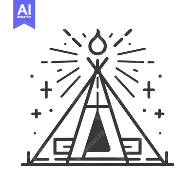Premium design asset: A black and white illustration of a campsite with a fire