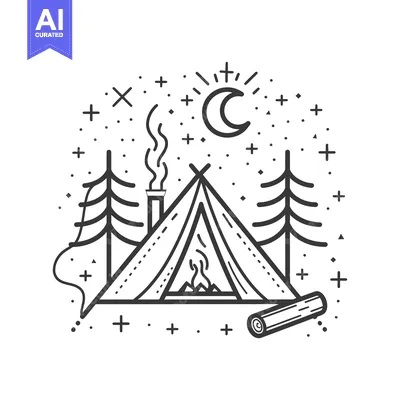 Aset desain premium: Simple illustration depicts a camping scene under a starry night sky