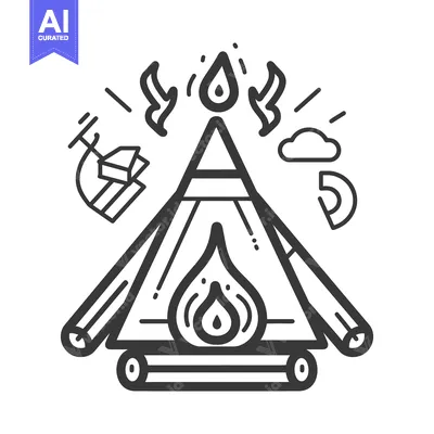 Aset desain premium: A simple illustration showing a tent fire and other camping symbols
