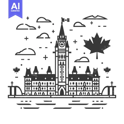 Aset desain premium: An illustration shows a building with a clock tower and symbols