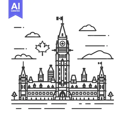 Aset premium populer: Black and white linear illustration depicts a large government buildin