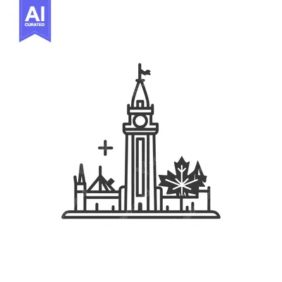 Aset desain premium: A vector outline illustration depicting a building with a leaf beside