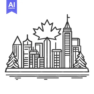 Aset premium populer: A black and white line drawing of a cityscape with trees