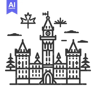 Aset desain premium: Vector line art depiction of a grand building and symbols