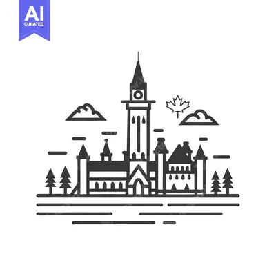 Aset premium populer: A simplistic black and white illustration depicts an impressive buildi